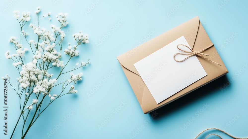 Gift and Envelope with Flowers on Blue Background Gift and Envelope with Flowers on Blue Background