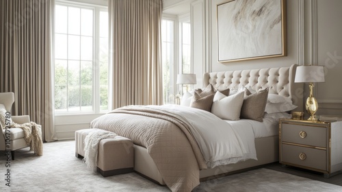 Luxurious Bedroom Interior with Upholstered Bed and Gold Accents