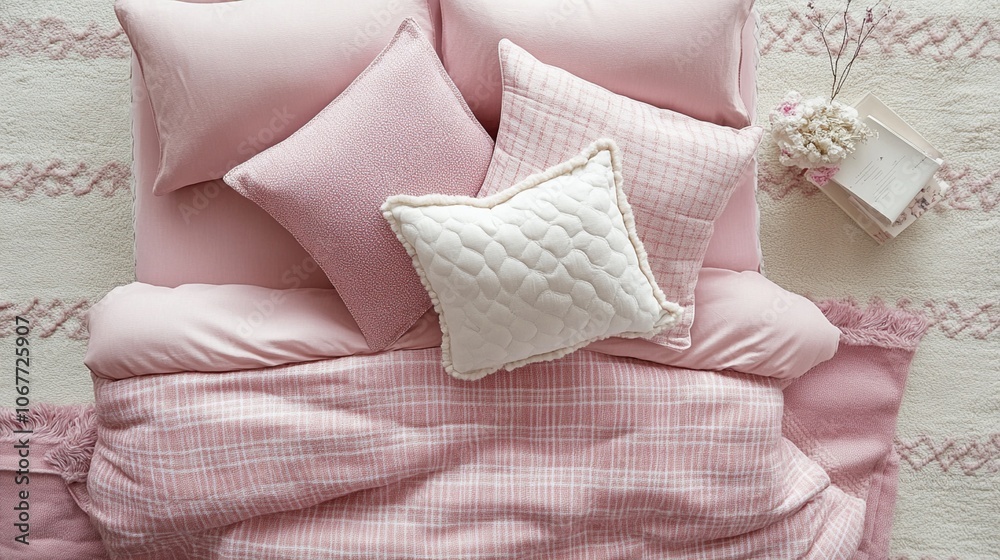 Soft pink bedding ensemble with plush pillows and textured throws creates a cozy, feminine atmosphere for a dreamy bedroom retreat. Soft pink bedding ensemble with plush pillows and textured throws creates a cozy, feminine atmosphere for a dreamy bedroom retreat.