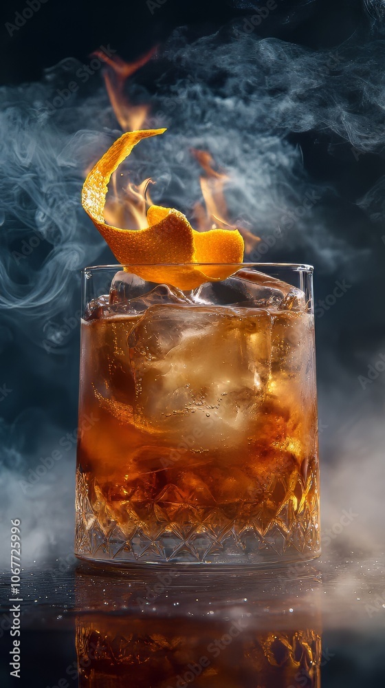 A smoky mezcal cocktail with a flaming orange peel garnish, wisps of smoke and light floating in the air, cinematic food photography, ultra-realistic, 8K UHD A smoky mezcal cocktail with a flaming orange peel garnish, wisps of smoke and light floating in the air, cinematic food photography, ultra-realistic, 8K UHD