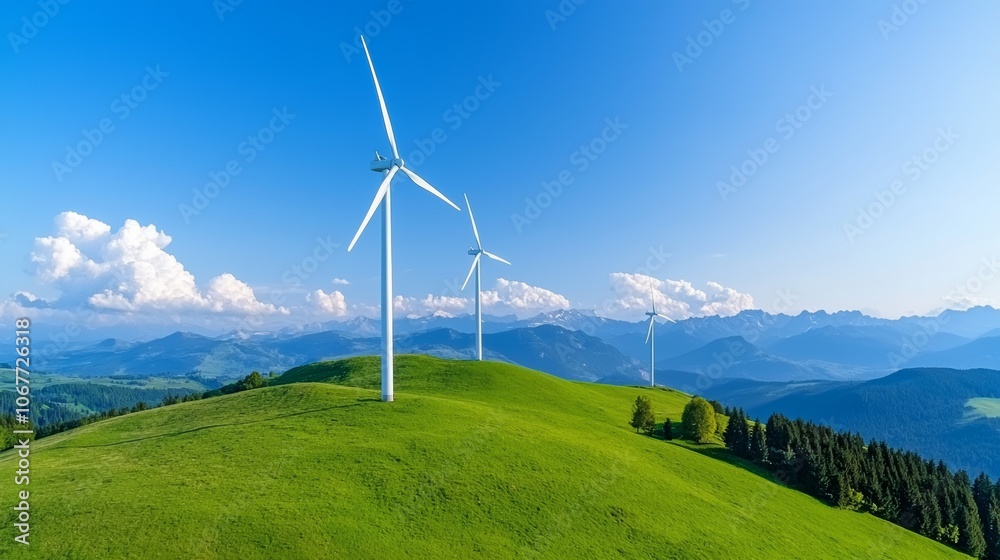 View from an aerial perspective of a large wind farm View from an aerial perspective of a large wind farm