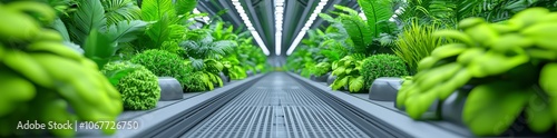 Hydroponic tubes and LED lighting feature lush greenery in a sustainable vertical farm photo