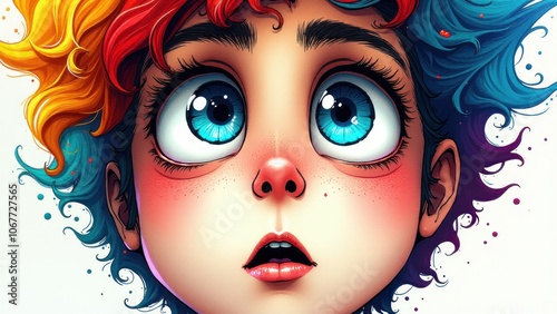 Curious child with large eyes and vibrant colors in the background, illustrating ADHD, focus, and creative thought processes