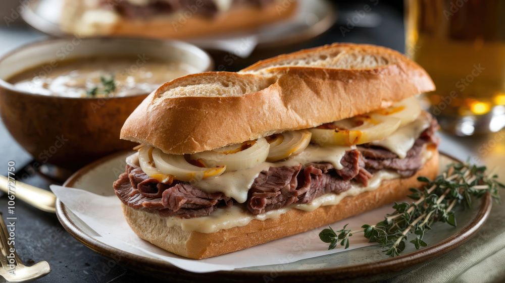 A sandwich with onions and cheese sits on a plate next to a bowl of soup. The sandwich is cut in half and placed on a white napkin. Scene is casual and inviting A sandwich with onions and cheese sits on a plate next to a bowl of soup. The sandwich is cut in half and placed on a white napkin. Scene is casual and inviting