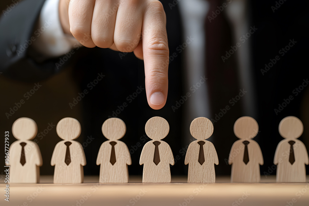 A hand is pointing at wooden figures of businesspeople, symbolising leadership, strategy, and decision-making within the world of business and corporate dynamics A hand is pointing at wooden figures of businesspeople, symbolising leadership, strategy, and decision-making within the world of business and corporate dynamics
