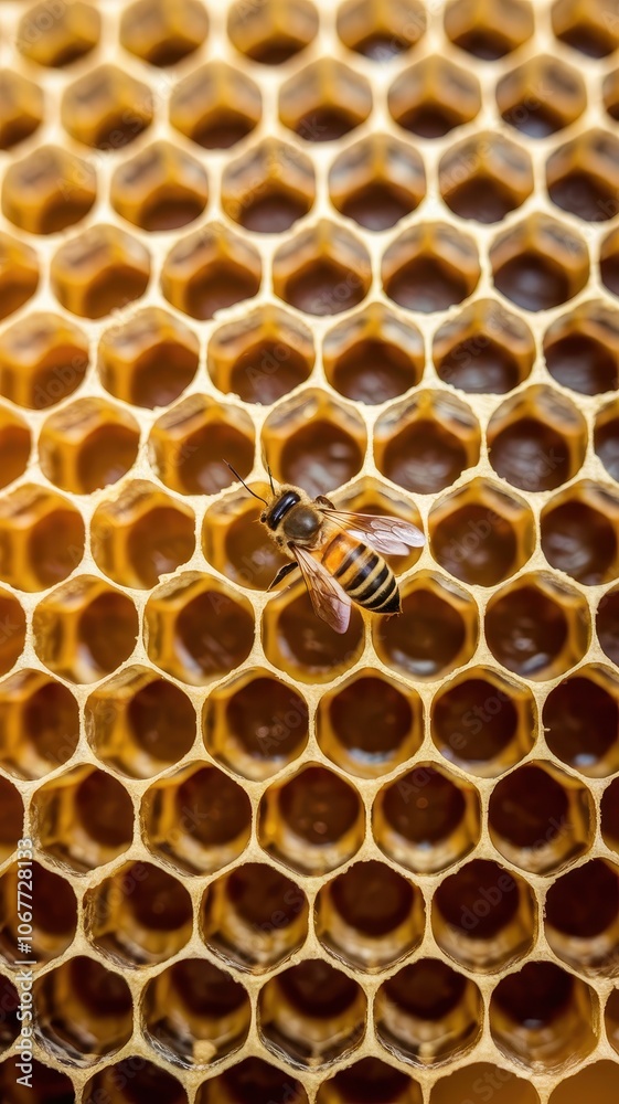 Worker Bee on Honeycomb with Yellow and Orange Wax Structure Worker Bee on Honeycomb with Yellow and Orange Wax Structure