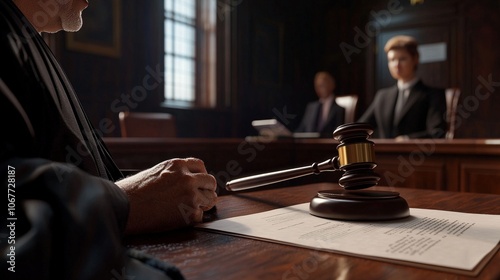 formal courtroom setting judge robe announces verdict as gavel strikes table. document lies nearby while prosecutor and secretary listen attentively. photo