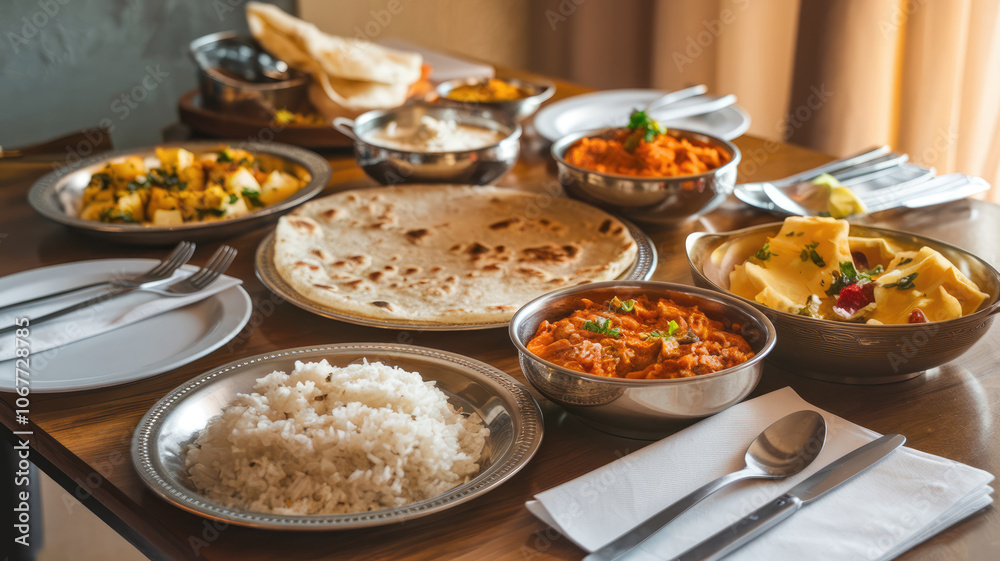 A table full of food with a variety of dishes including rice, pasta, and curry. The table is set with silverware and napkins A table full of food with a variety of dishes including rice, pasta, and curry. The table is set with silverware and napkins