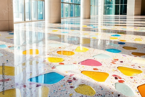 A terrazzo floor with vibrant coral, yellow, and blue glass pieces, adding a colorful, sustainable touch to a building lobby. photo