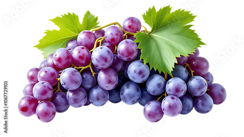 Bunch of Purple Grapes with Green Leaves on Transparent Background