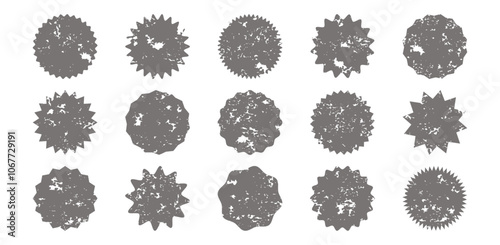 Sticker starburst shape, grunge badge star, sale round charcoal icon, price tag, dirty sun label isolated on white background. Award, achievement, medal crayon set. Charcoal vector illustration