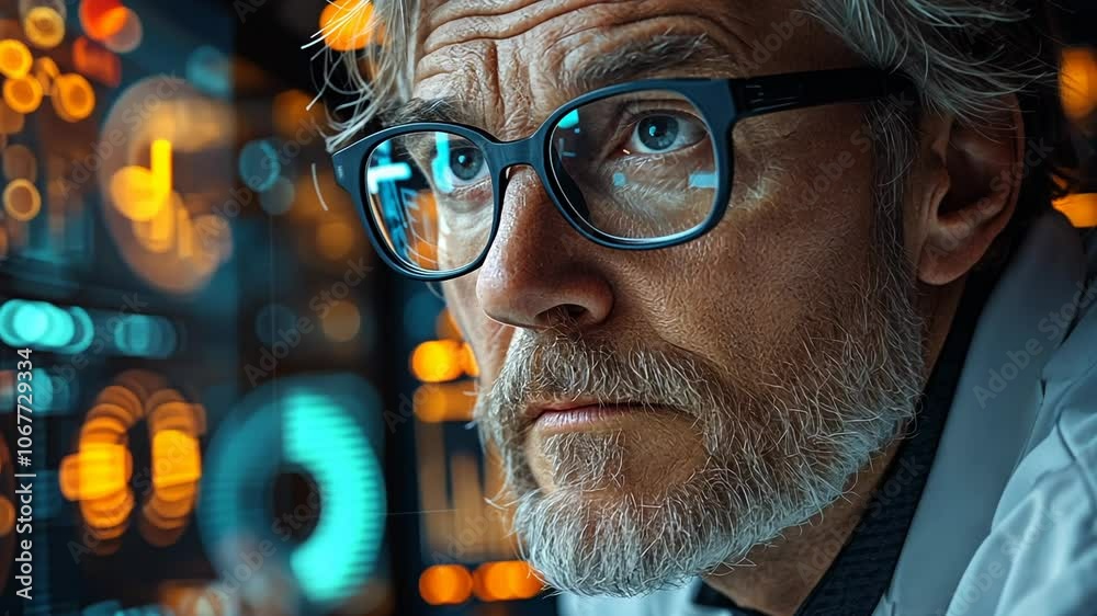 A focused scientist analyzes data on a futuristic screen in a high-tech lab. A focused scientist analyzes data on a futuristic screen in a high-tech lab.