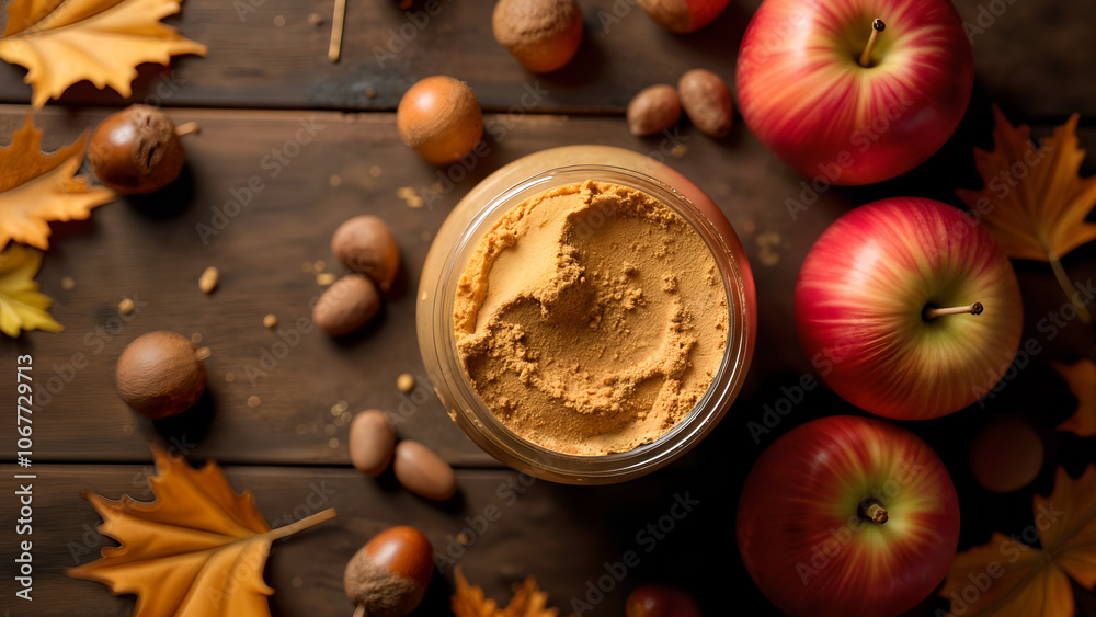 Autumn Protein Powder Ad with Caramel Apples and Copy Space Autumn Protein Powder Ad with Caramel Apples and Copy Space