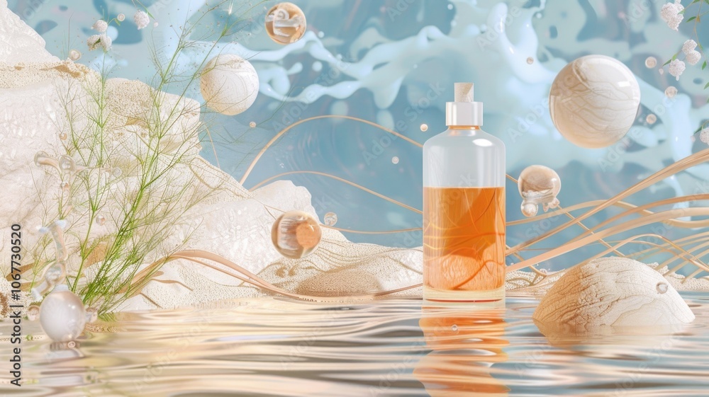 Abstract beauty of essential oil bottle in ethereal desert landscape Abstract beauty of essential oil bottle in ethereal desert landscape