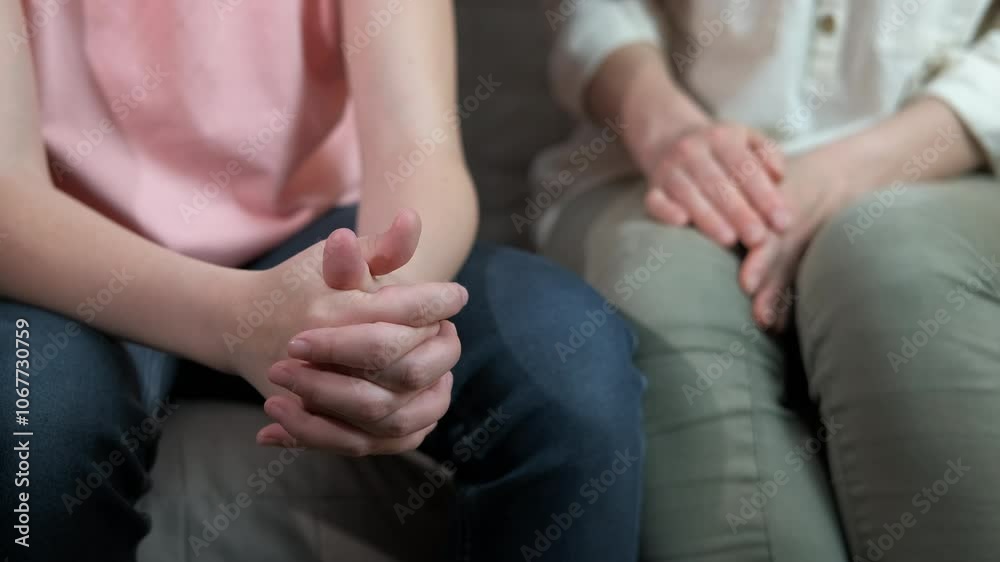 Mother encourage teen on sofa. A view of family try to encourage the teen in the room. Mother encourage teen on sofa. A view of family try to encourage the teen in the room.