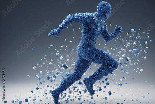 Pixeled digital man running in virtual world