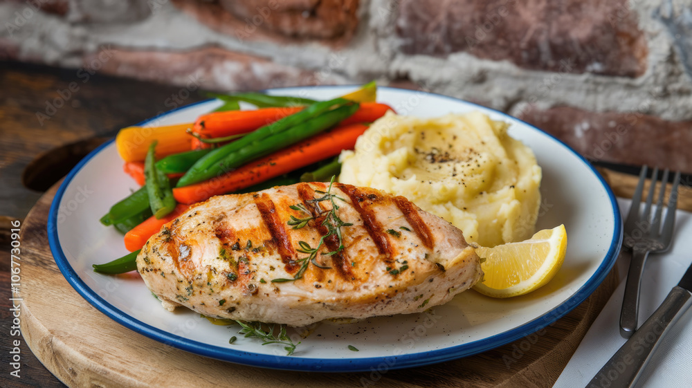 A plate of food with a grilled chicken, mashed potatoes, and carrots. The plate is set on a wooden cutting board A plate of food with a grilled chicken, mashed potatoes, and carrots. The plate is set on a wooden cutting board