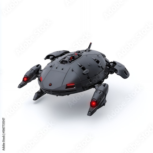 A futuristic, sleek, black drone with red lights hovers in mid-air on a white background.