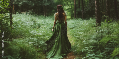 Back view of a woman with long hair and green dress gown walking a forest path, beautiful elf in elven style, princess or queen vintage medieval magic fantasy cosplay