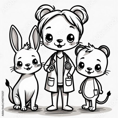 Cute Animal Doctor Illustration: Line Art Vector