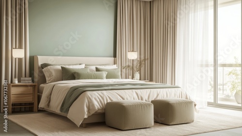 Minimalist Bedroom Interior with Beige Bed, Green Accents, and Natural Light