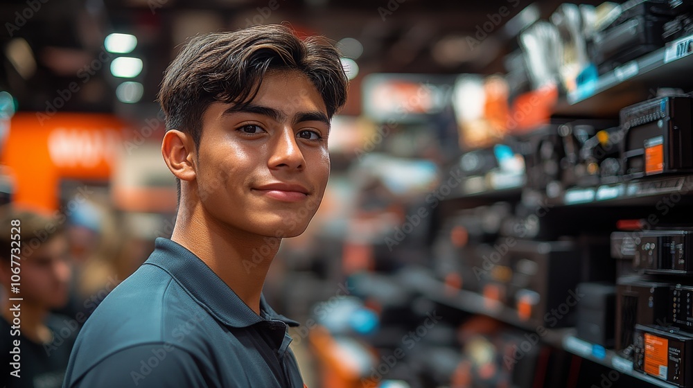 Hispanic male consultant engaging with customers in a retail store while showcasing products Hispanic male consultant engaging with customers in a retail store while showcasing products