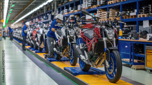A man is working on a motorcycle in a factory. The motorcycle is red and black. The factory is filled with other motorcycles