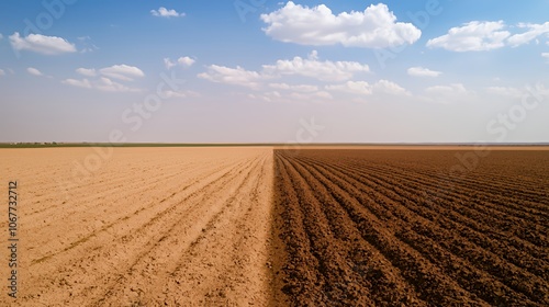 A plowed field with rows of dirt, separated by a line of green grass, under a bright blue sky with white clouds.