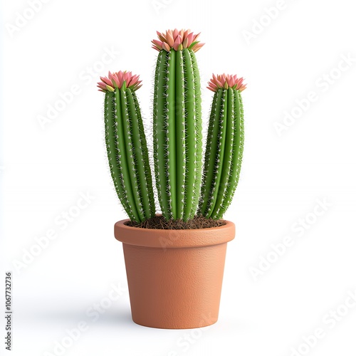 Three blooming cactus plants in a terracotta pot.