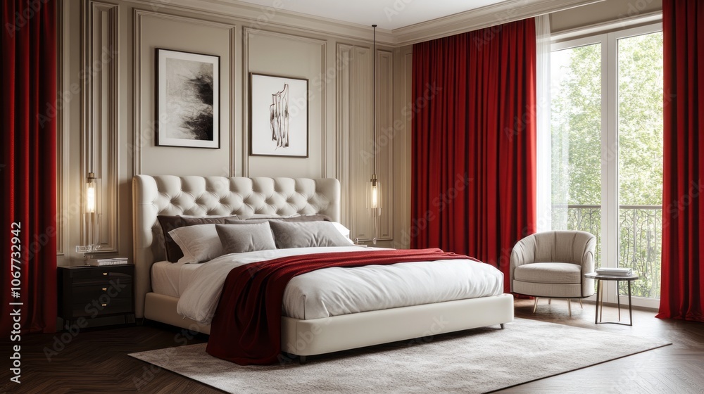 Fototapeta premium Luxurious Bedroom Interior with Red Curtains, Upholstered Bed, and Window View