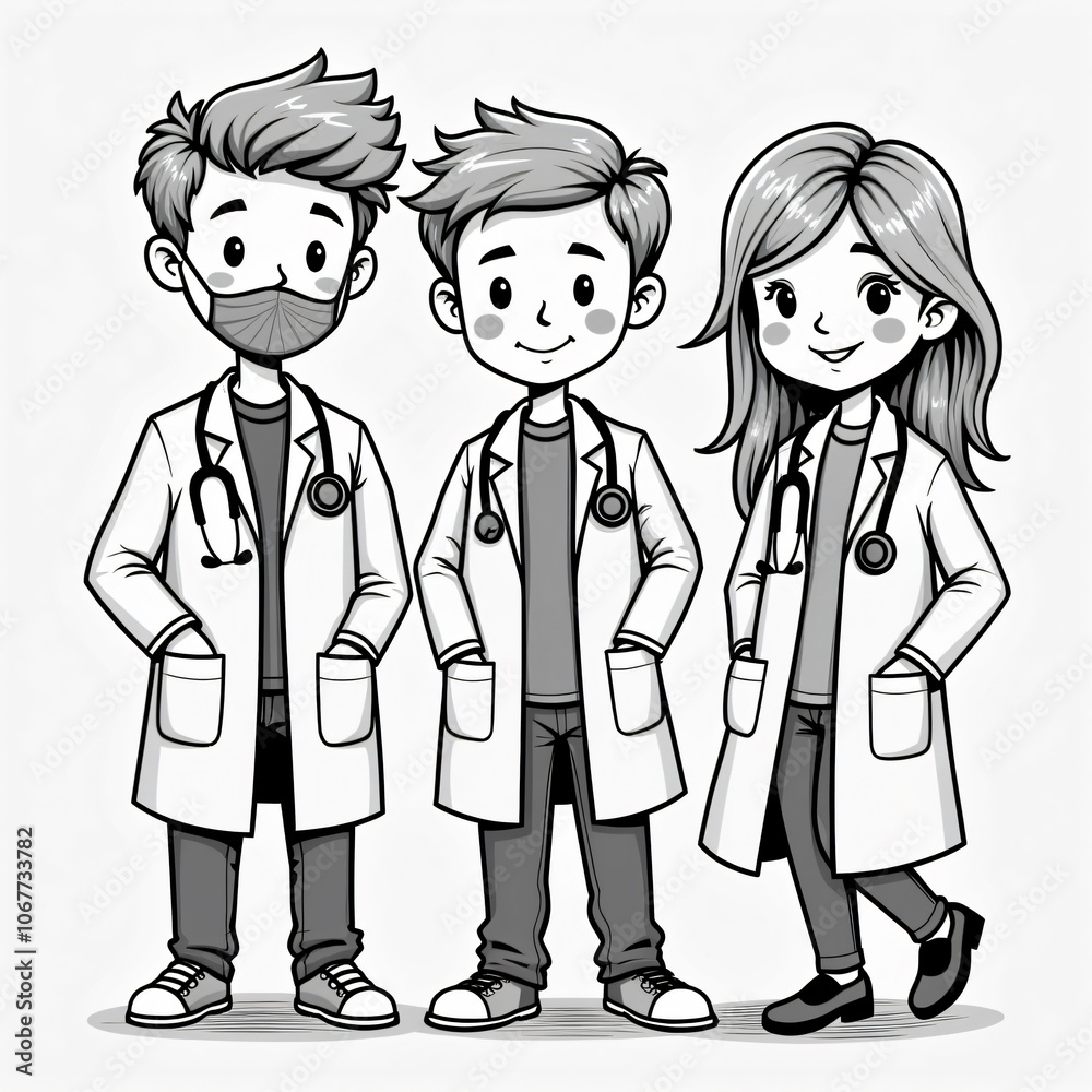 Cute Cartoon Doctors: Simplified Line Art Illustration Cute Cartoon Doctors: Simplified Line Art Illustration