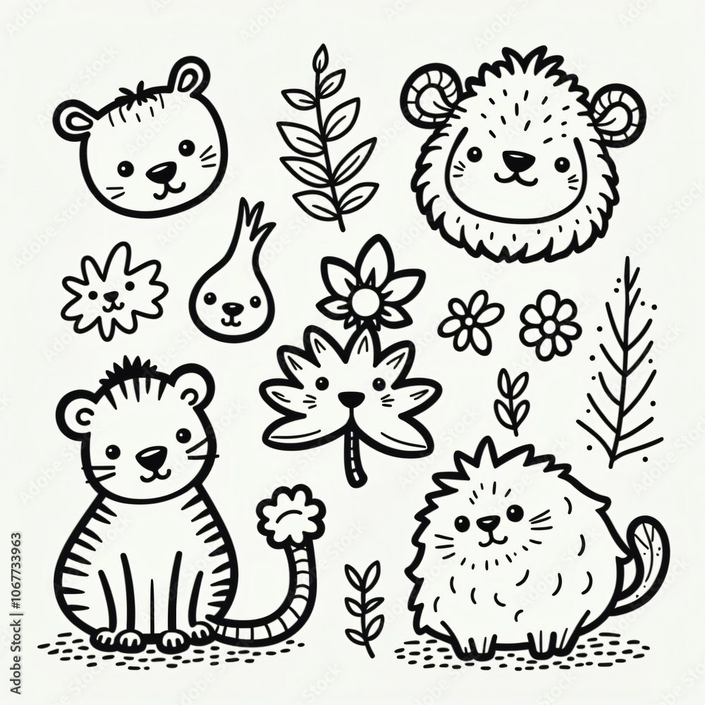 Fototapeta premium Cute Animals & Nature Illustration - Simplified Vector Line Art