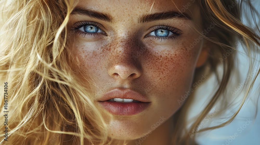 Captivating portrait of a beautiful woman with freckles