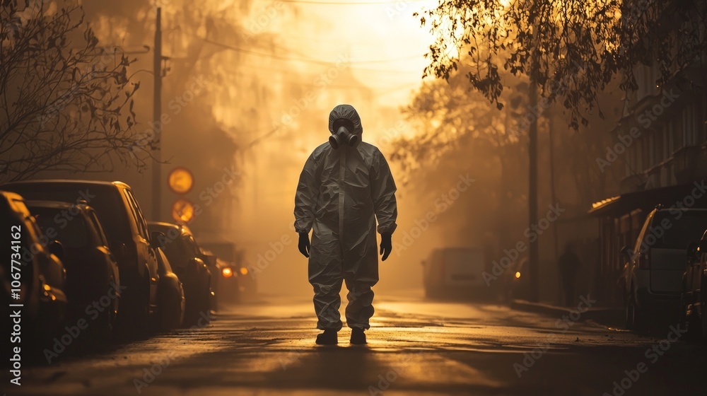 evening autumn fog man respirator suit and protective mask sprays disinfectant deserted city street ensuring sanitation and public health safety. evening autumn fog man respirator suit and protective mask sprays disinfectant deserted city street ensuring sanitation and public health safety.