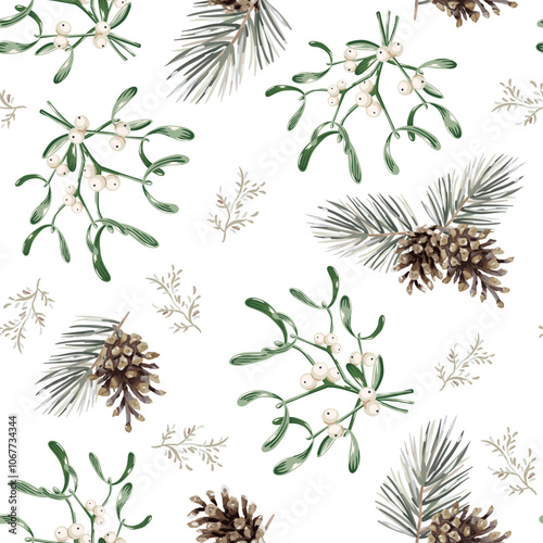 Christmas seamless pattern, mistletoe, pine twigs, cones, white background. Vector illustration. Forest nature design. Season greeting. Winter holidays