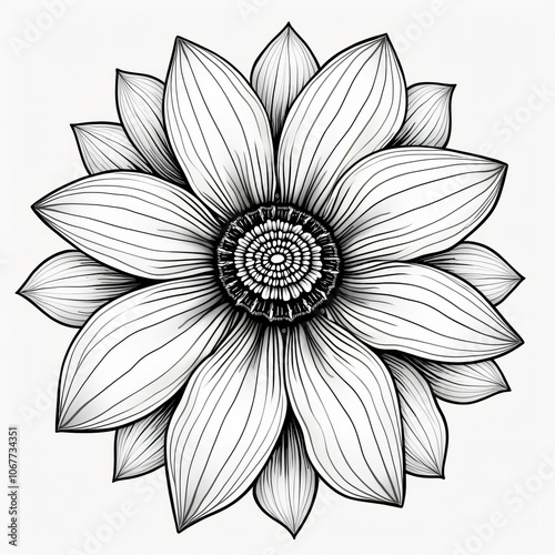 Black and White Vector Flower Illustration with Lines and Curves