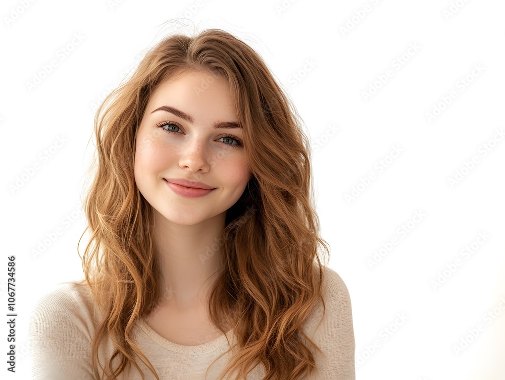 Portrait of a beautiful young woman smiling and looking happy on white background Portrait of a beautiful young woman smiling and looking happy on white background