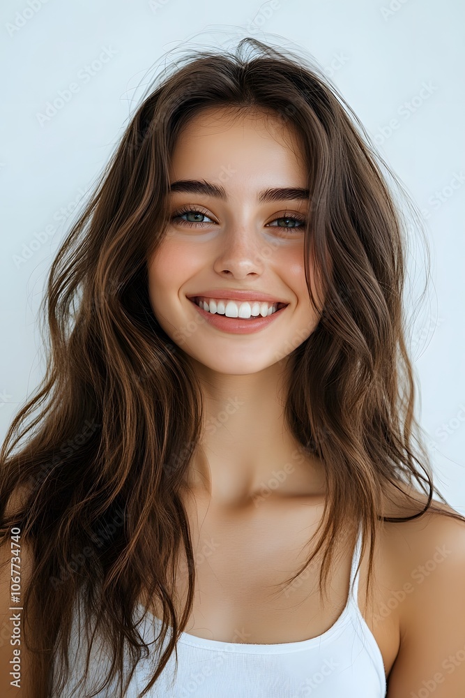 Portrait of a beautiful young woman smiling and looking happy on white background Portrait of a beautiful young woman smiling and looking happy on white background