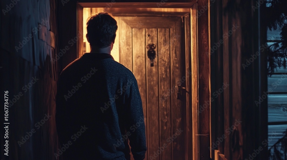 creepy figure stands dimly lit wooden door knocking persistently Halloween night. ambiance tense and unsettling enhancing sense fear. creepy figure stands dimly lit wooden door knocking persistently Halloween night. ambiance tense and unsettling enhancing sense fear.