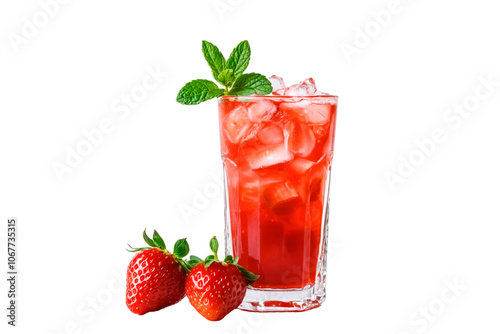 strawberry cocktail with ice isolated on white. PNG transparent background