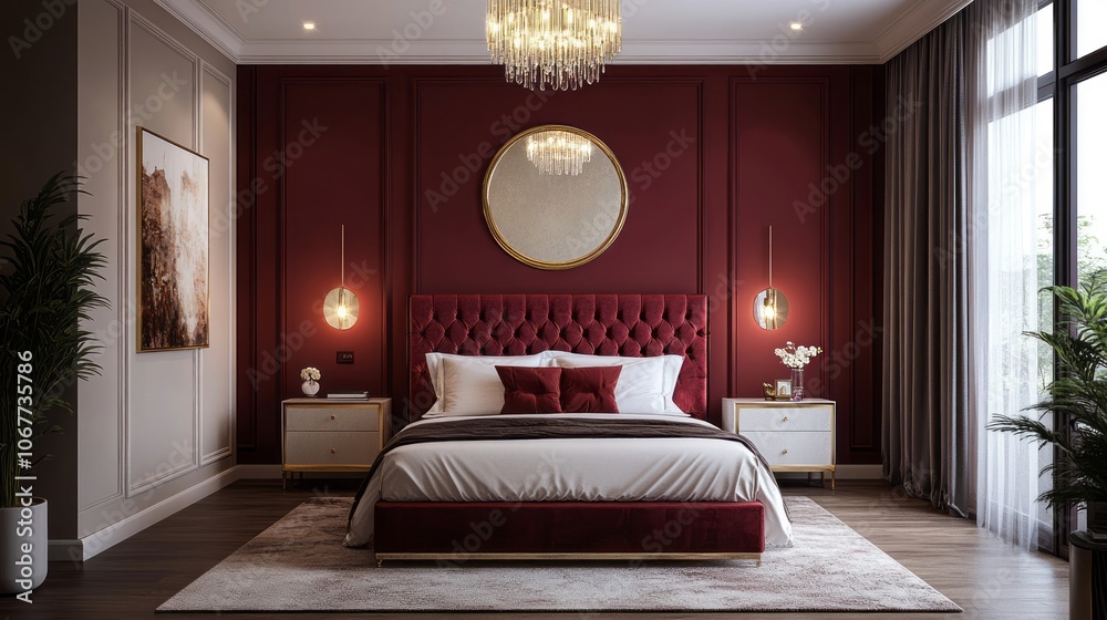 Luxurious Bedroom Interior with Burgundy Walls and Golden Accents Luxurious Bedroom Interior with Burgundy Walls and Golden Accents