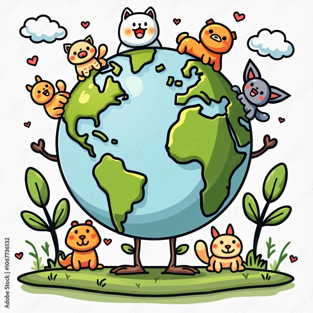 Obraz premium Cute Animals Celebrate Earth Day Cartoon Illustration