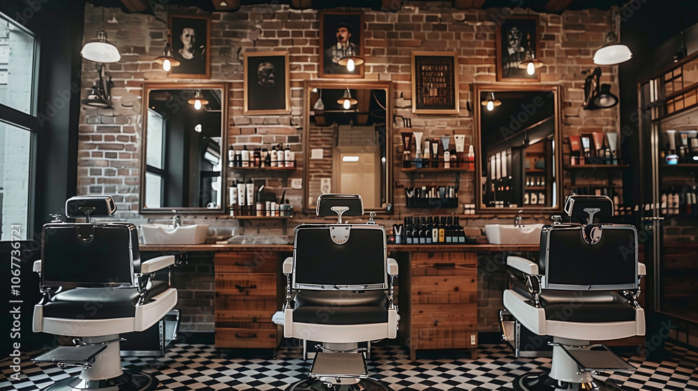 A stylish barber shop interior featuring vintage decor, brick walls, and classic barber chairs in an urban setting during the late afternoon