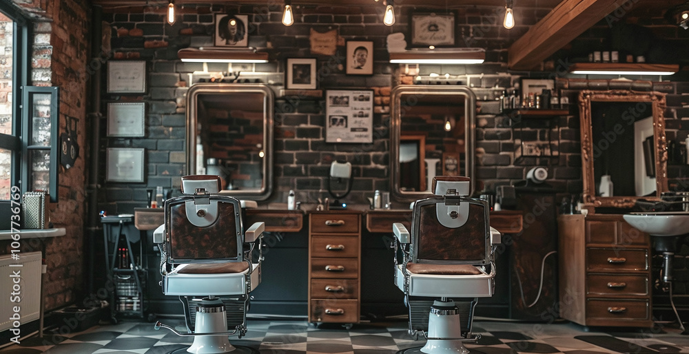 Stylish barbershop interior featuring vintage decor and modern amenities in a cozy urban setting during daylight hours