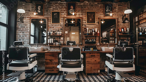 A stylish barber shop interior featuring vintage decor, brick walls, and classic barber chairs in an urban setting during the late afternoon