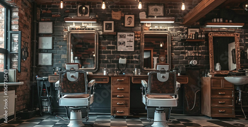 Obraz na płótnie Stylish barbershop interior featuring vintage decor and modern amenities in a cozy urban setting during daylight hours w salonie