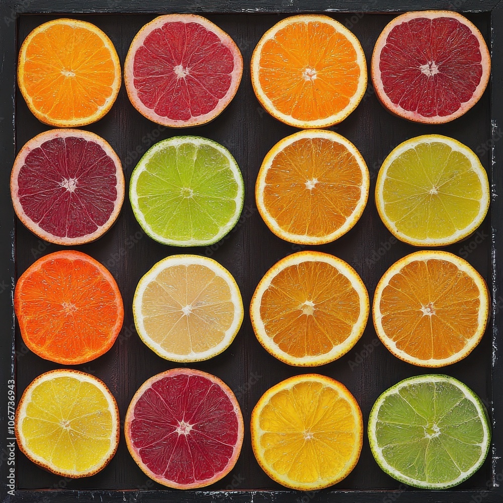 Fototapeta premium Artistic arrangement of vibrant citrus fruits sliced in half, capturing the vitamin C and antioxidant benefits