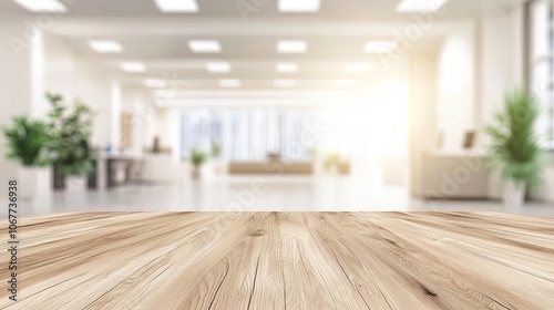 Wooden table with blurred office background, ideal for displaying products.