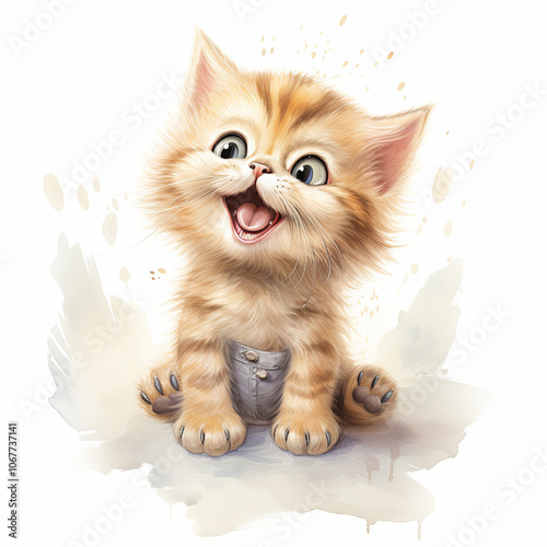 Joyful watercolor illustration of a fluffy kitten with big blue eyes and a wide open smile, capturing an adorable playful moment, ideal for children's decor and cute animal-themed artwork