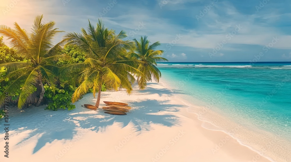 Idyllic Tropical Paradise Palm Trees, Pristine White Sand Beach, and Azure Ocean at Sunset